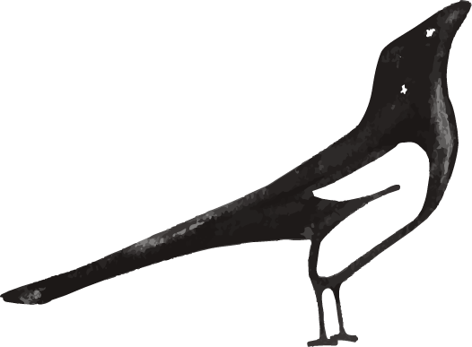 Black stylized bird with an elongated beak and tail, standing on two legs.