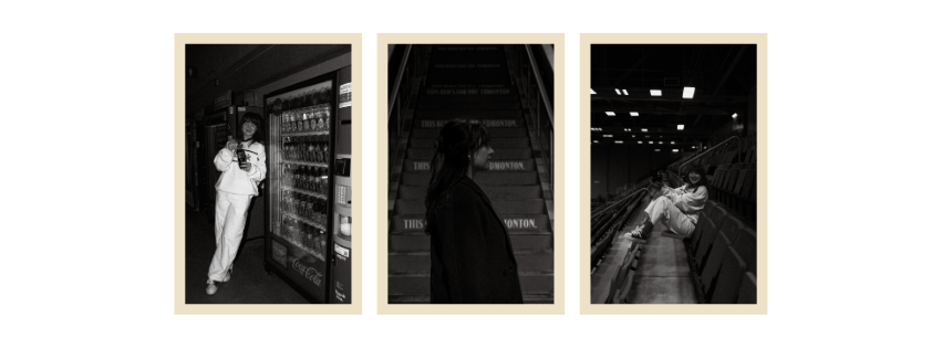 Three black-and-white photos of a person with long dark hair holding a camera, standing in profile, and sitting in stadium seats.